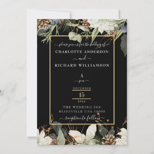 Rustieke Elegantie, Pinecone rand op zwart Kaart (Voorkant)