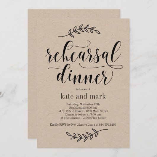 Rustieke Elegantie Repetitie Diner Uitnodiging Kra (Voorkant / Achterkant)