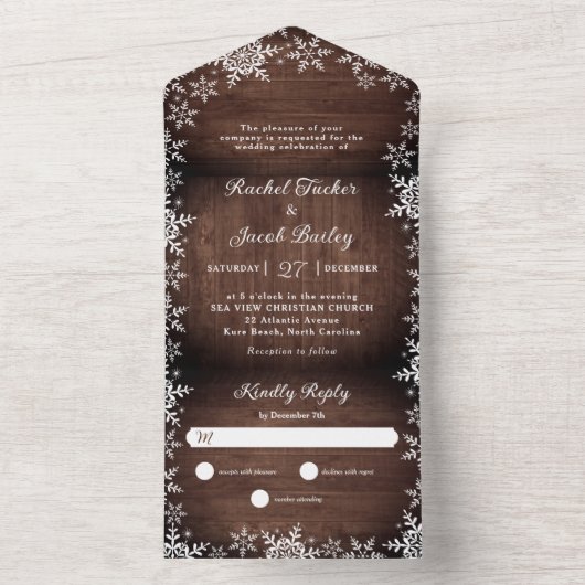 Rustieke Elegantie Sneeuwvlokken Houten Kerstmis B All In One Uitnodiging (Binnen)