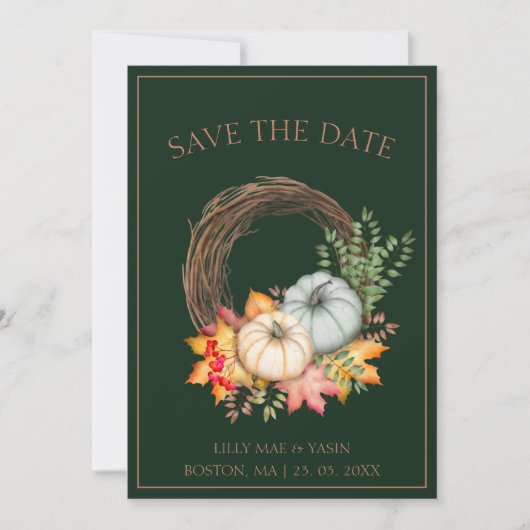 Rustieke Emerald Green herfst Herfst pompoenen bru Save The Date (Voorkant)