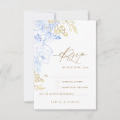 Rustieke en elegante bloemige stoffige blauwe goud RSVP kaartje (Voorkant)