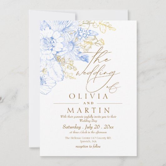 Rustieke en elegante Florals Minimalis Gold Weddin Kaart (Voorkant)