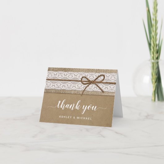 Rustieke en Elegante Kanten Kraftpapier Script Bed Bedankkaart (Voorkant)