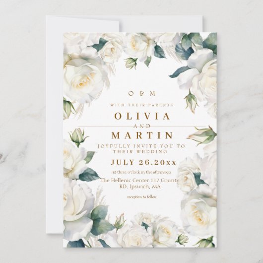 Rustieke en elegante witte rozen bruiloft  kaart (Voorkant)