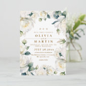 Rustieke en elegante witte rozen bruiloft  kaart (Staand voorkant)