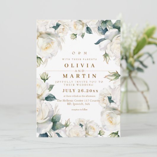 Rustieke en elegante witte rozen bruiloft  kaart (Staand voorkant)