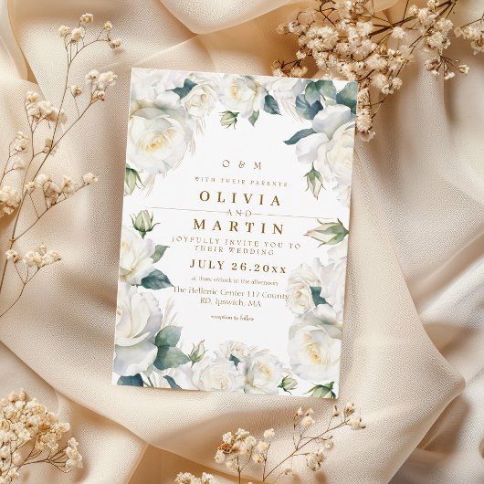 Rustieke en elegante witte rozen bruiloft  kaart