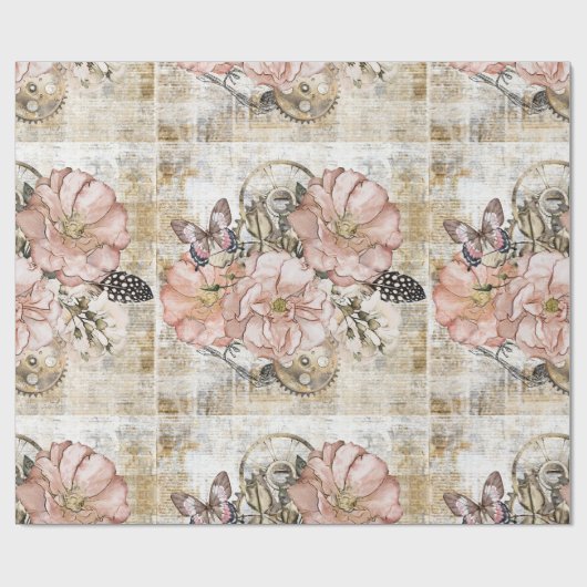  Rustieke Ephemera Roze Bloem Cadeaupapier (Vlak)