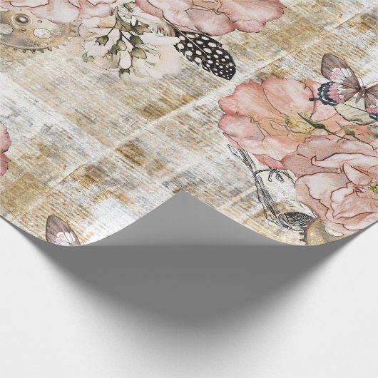 Rustieke Ephemera Roze Bloem Cadeaupapier (Hoek)