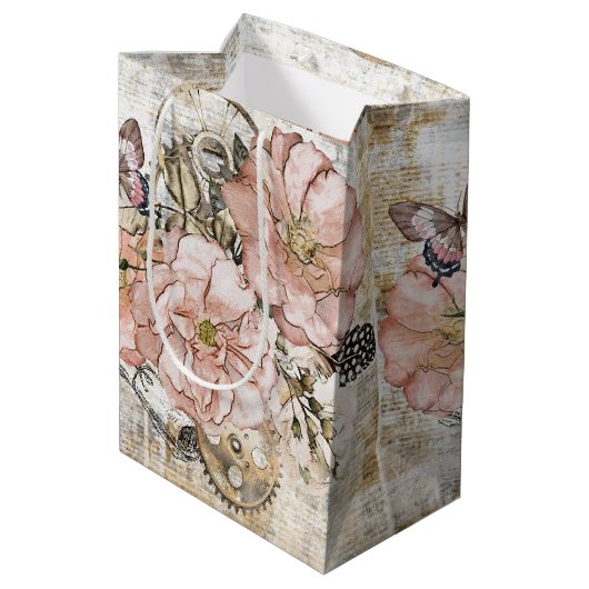 Rustieke Ephemera Roze Bloemen Gift Bag Medium Cadeauzakje (Achterkant Gekanteld)