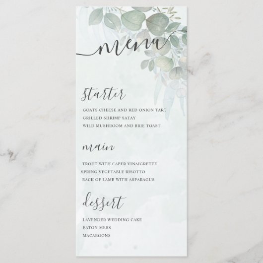 Rustieke Eucalyptus Bladgroen Bruiloft Menu (Voorkant)