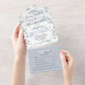 Rustieke Eucalyptus Bloemige Stof Blauw Trouwen All In One Uitnodiging (Afscheurbaar)