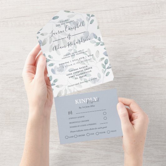 Rustieke Eucalyptus Bloemige Stof Blauw Trouwen    All In One Uitnodiging (Afscheurbaar)