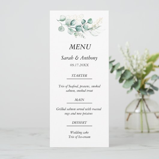 Rustieke Eucalyptus Boho Greenery bruiloft eten Menu (Staand voorkant)