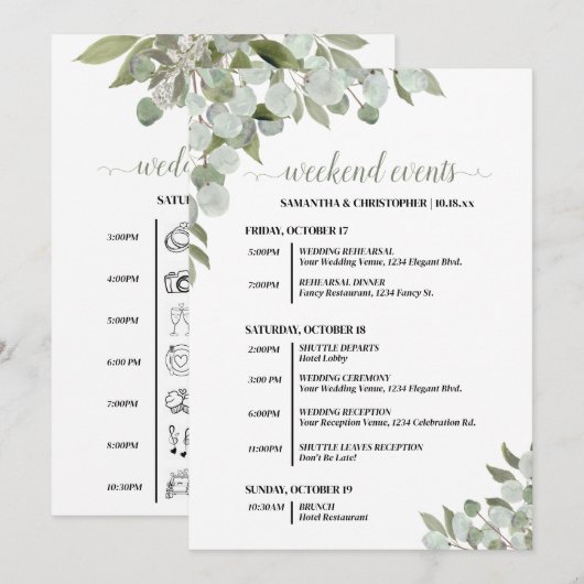 Rustieke Eucalyptus Bruilofts Evenementen & Tijdsc Programmakaart (Voorkant / Achterkant)