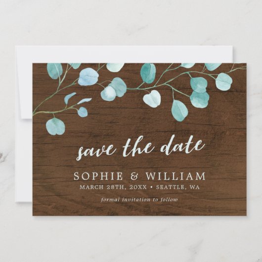 Rustieke Eucalyptus & Bruin Hout Save the Date Kaa (Voorkant)