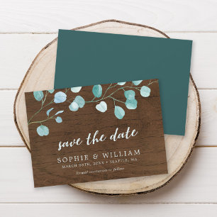 Rustieke Eucalyptus & Bruin Hout Save the Date Kaa
