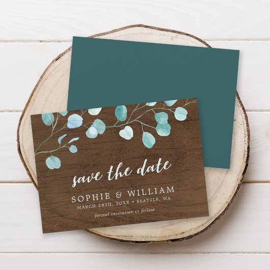 Rustieke Eucalyptus & Bruin Hout Save the Date Kaa