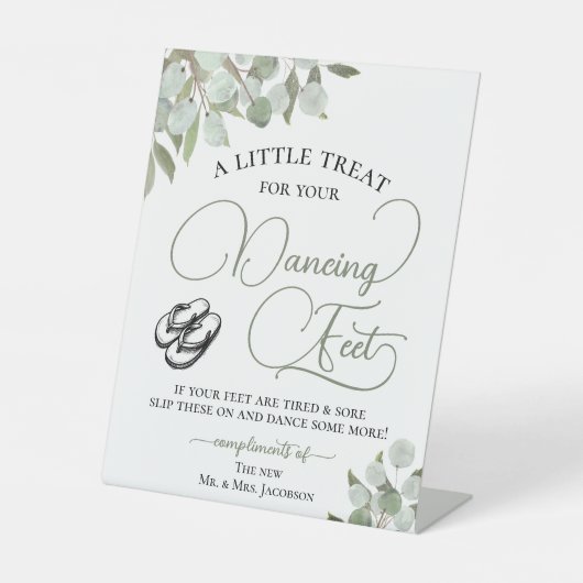 Rustieke Eucalyptus Dansende Voeten Flip Flop Wedd Reclamebord Met Voetstuk (Voorkant)