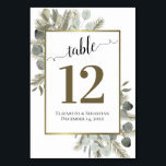 Rustieke eucalyptus & dennen elegante boho bruilof kaart<br><div class="desc">Maak je trouwreceptie mooi met deze tafelnummerkaarten. Ze hebben een prachtig ontwerp met een kanten schrift kalligrafie omringd door een overvloed aan eucalyptusbladeren en dennentakken in tinten van salie groen en goud. Er is ruimte voor de namen van het paar en de trouwdatum en het tabelnummer.</div>