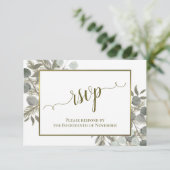 Rustieke Eucalyptus & dennenappel groen & gouden b RSVP Kaartje (Staand voorkant)