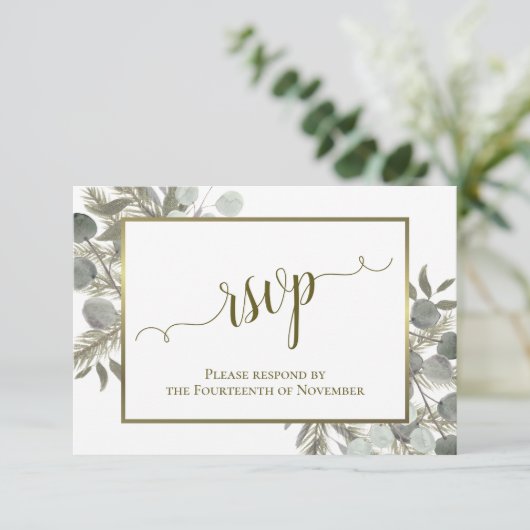 Rustieke Eucalyptus & dennenappel groen & gouden b RSVP Kaartje (Staand voorkant)