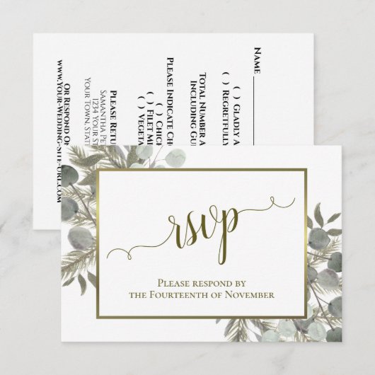 Rustieke Eucalyptus & dennenappel groen & gouden b RSVP Kaartje (Voorkant / Achterkant)