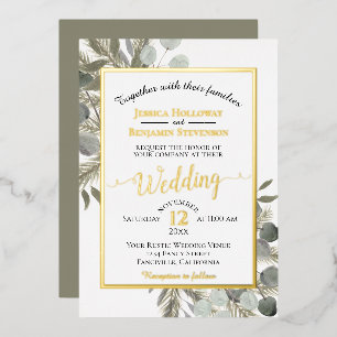 Rustieke Eucalyptus & Dennenelegantie Zilveren Bru Folie Uitnodiging