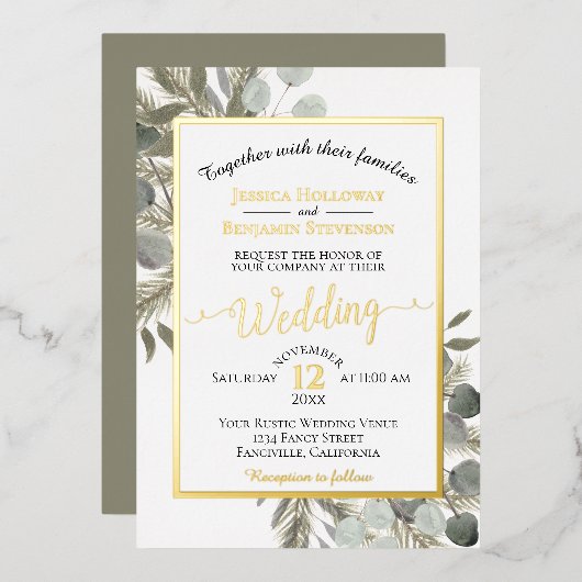 Rustieke Eucalyptus & Dennenelegantie Zilveren Bru Folie Uitnodiging (Voorkant / Achterkant)