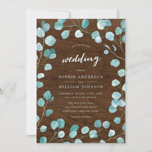 Rustieke eucalyptus en bruin hout bruiloft kaart (Voorkant)