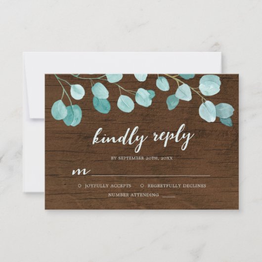 Rustieke Eucalyptus en Bruin Hout Vriendelijk Antw RSVP Kaartje (Voorkant)