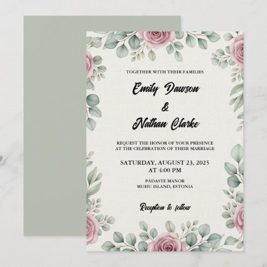 Rustieke Eucalyptus en Roze Rose Huwelijksuitnodig Kaart (Voorkant / Achterkant)