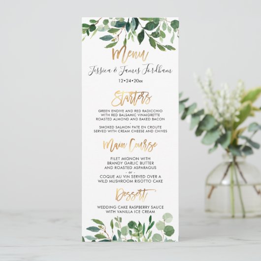 Rustieke Eucalyptus Faux Gold Script Menu Kaart (Staand voorkant)