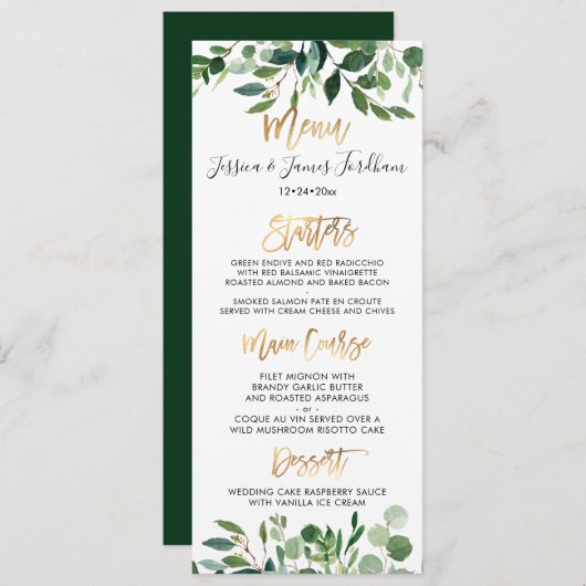 Rustieke Eucalyptus Faux Gold Script Menu Kaart (Voorkant / Achterkant)