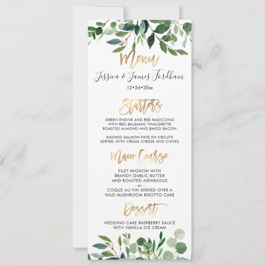 Rustieke Eucalyptus Faux Gold Script Menu Kaart (Voorkant)