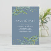 Rustieke Eucalyptus Foto Dusty Blue Wedding Save The Date (Staand voorkant)