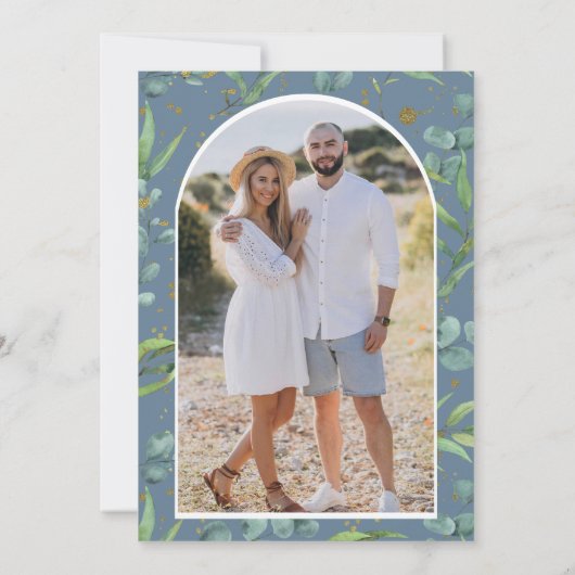 Rustieke Eucalyptus Foto Dusty Blue Wedding Save The Date (Achterkant)