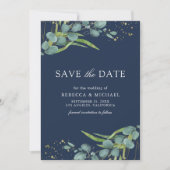 Rustieke Eucalyptus Foto Marine Blauwe Huwelijk Save The Date (Voorkant)