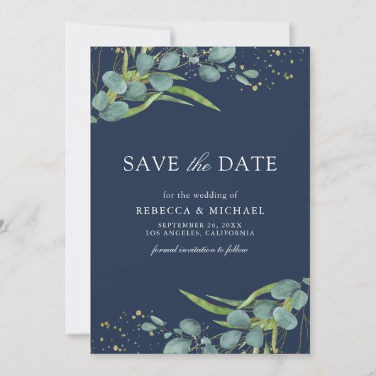 Rustieke Eucalyptus Foto Marine Blauwe Huwelijk Save The Date (Voorkant)