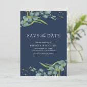 Rustieke Eucalyptus Foto Marine Blauwe Huwelijk Save The Date (Staand voorkant)