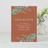 Rustieke Eucalyptus foto Terracotta bruiloft Save The Date (Staand voorkant)