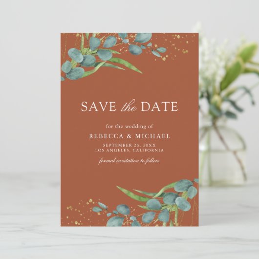 Rustieke Eucalyptus foto Terracotta bruiloft Save The Date (Staand voorkant)