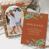 Rustieke Eucalyptus foto Terracotta bruiloft Save The Date