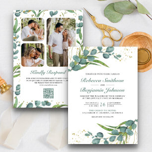Rustieke Eucalyptus Fotocollage QR Code Trouwen Kaart
