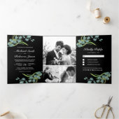 Rustieke Eucalyptus fotocollage zwart bruiloft Drieluik Uitnodiging (Binnen)