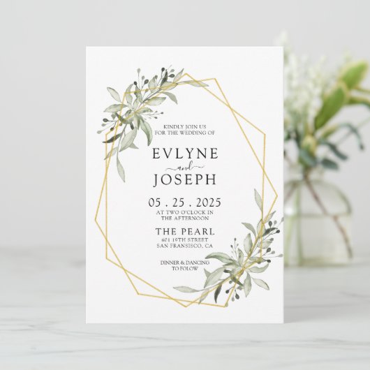 Rustieke Eucalyptus Geometrisch Goud Lijst Bruilof Kaart (Staand voorkant)