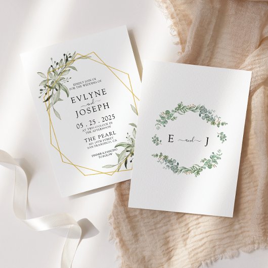 Rustieke Eucalyptus Geometrisch Goud Lijst Bruilof Kaart