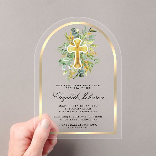 Rustieke Eucalyptus Gold Greenery Boog Doop Acryl Uitnodigingen (Insitu (Draagbaar))