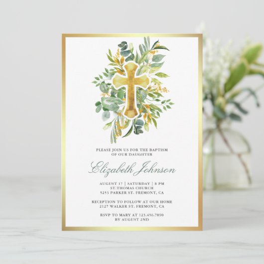 Rustieke Eucalyptus Gold Greenery doop Kaart (Staand voorkant)