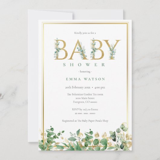 Rustieke Eucalyptus Golden Letters lijst Baby show Kaart (Voorkant)
